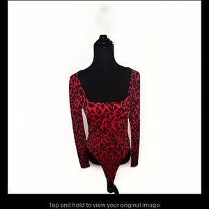 NWT Boohoo Red Leopard Square Neck Long Sleeve Bodysuit